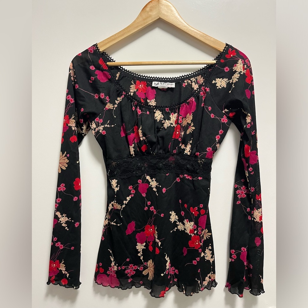 Y2K Vintage Self Esteem Baby Doll Top Bell Sleeve Whimsigoth Floral size Medium